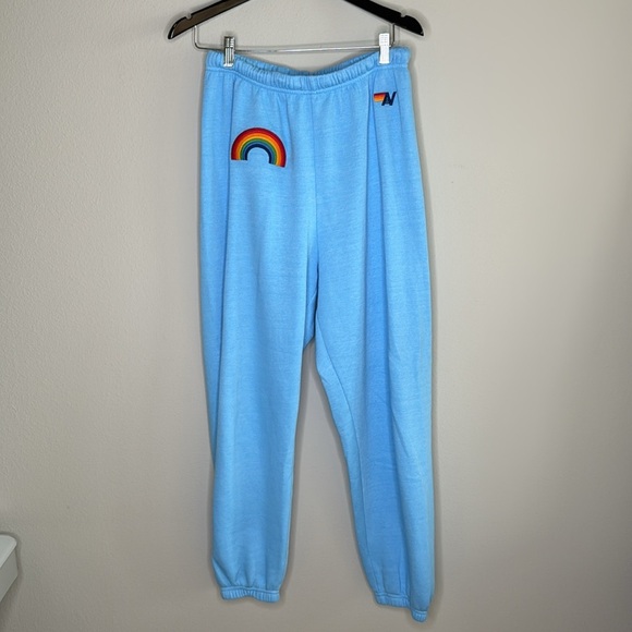 Aviator Nation Light Blue Track Pants with Rainbow Patch - Picture 1 of 9
